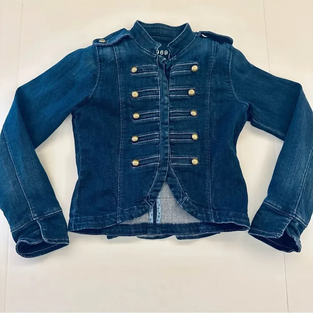Gap Girls SZ XL Denim Jacket Blue Military Style Ruffle Back Stretch Classic
